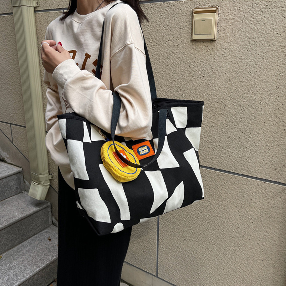 [GIRLS GOOB] Big Size Multi-Purpose Black and White Shoulder Bag, Canvas Eco Bag, China OEM
